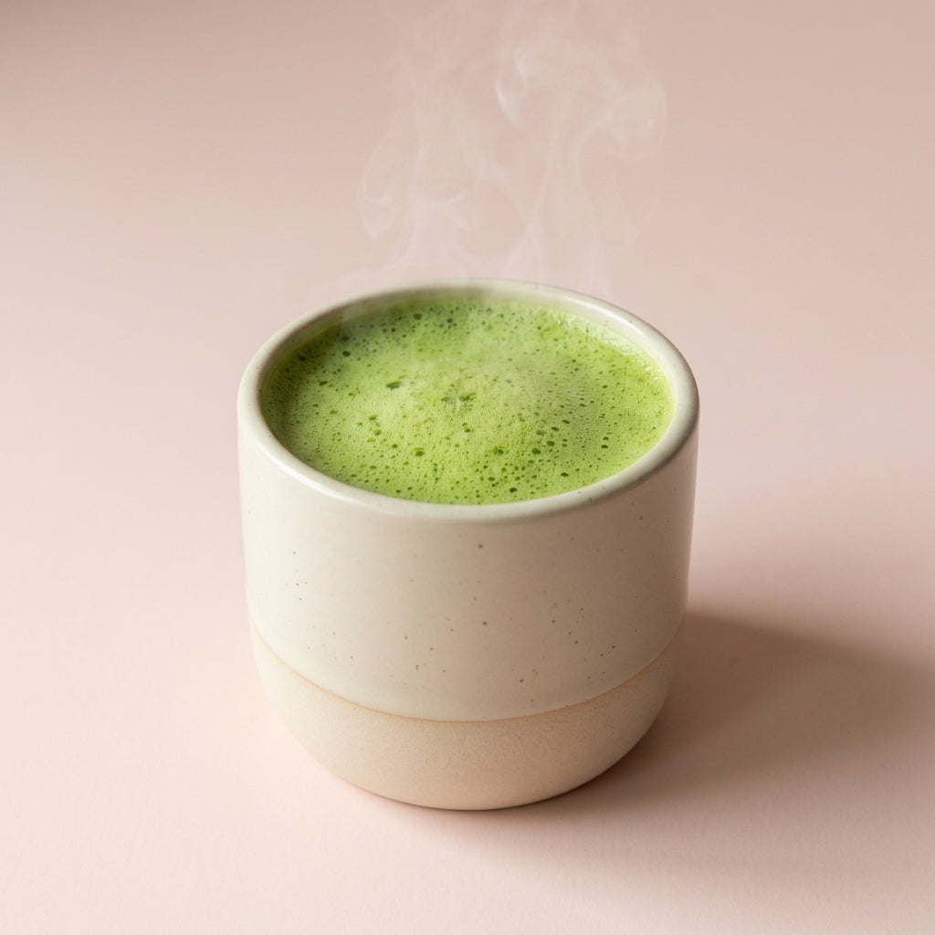 Keramisch matcha kopje met groene matcha en stoom op zachte achtergrond
