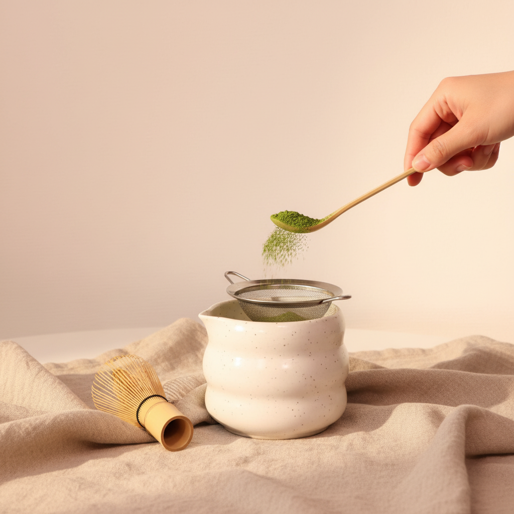 Matcha bereiden in keramische chawan op linnen achtergrond — thuis ritueel