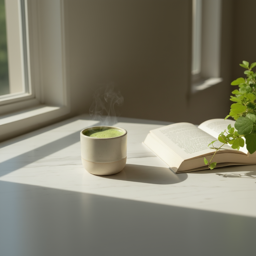 Rustig matcha moment met keramisch kopje in zacht ochtendlicht