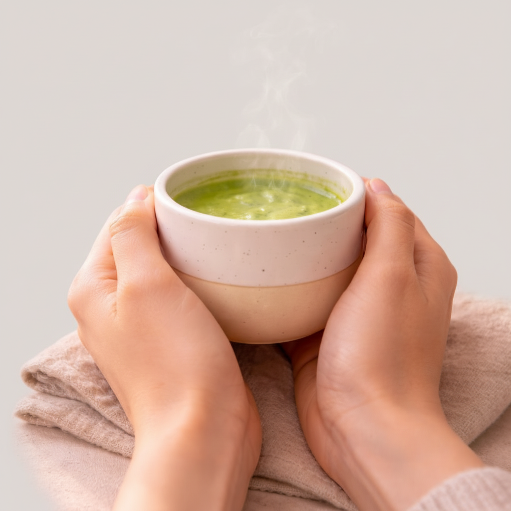 Handen die handgemaakt keramisch matcha kopje vasthouden — close-up