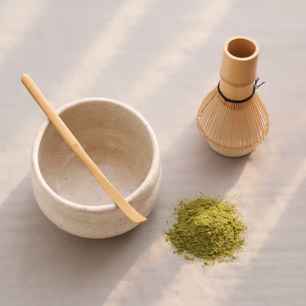 Onderdelen van 4-delige matcha set uitgestald — chawan, chasen, chashaku en chakin