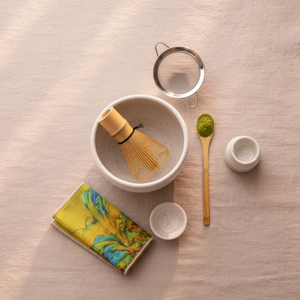 Flat-lay van complete matcha set met chawan, chasen, chashaku, zeefje en houders