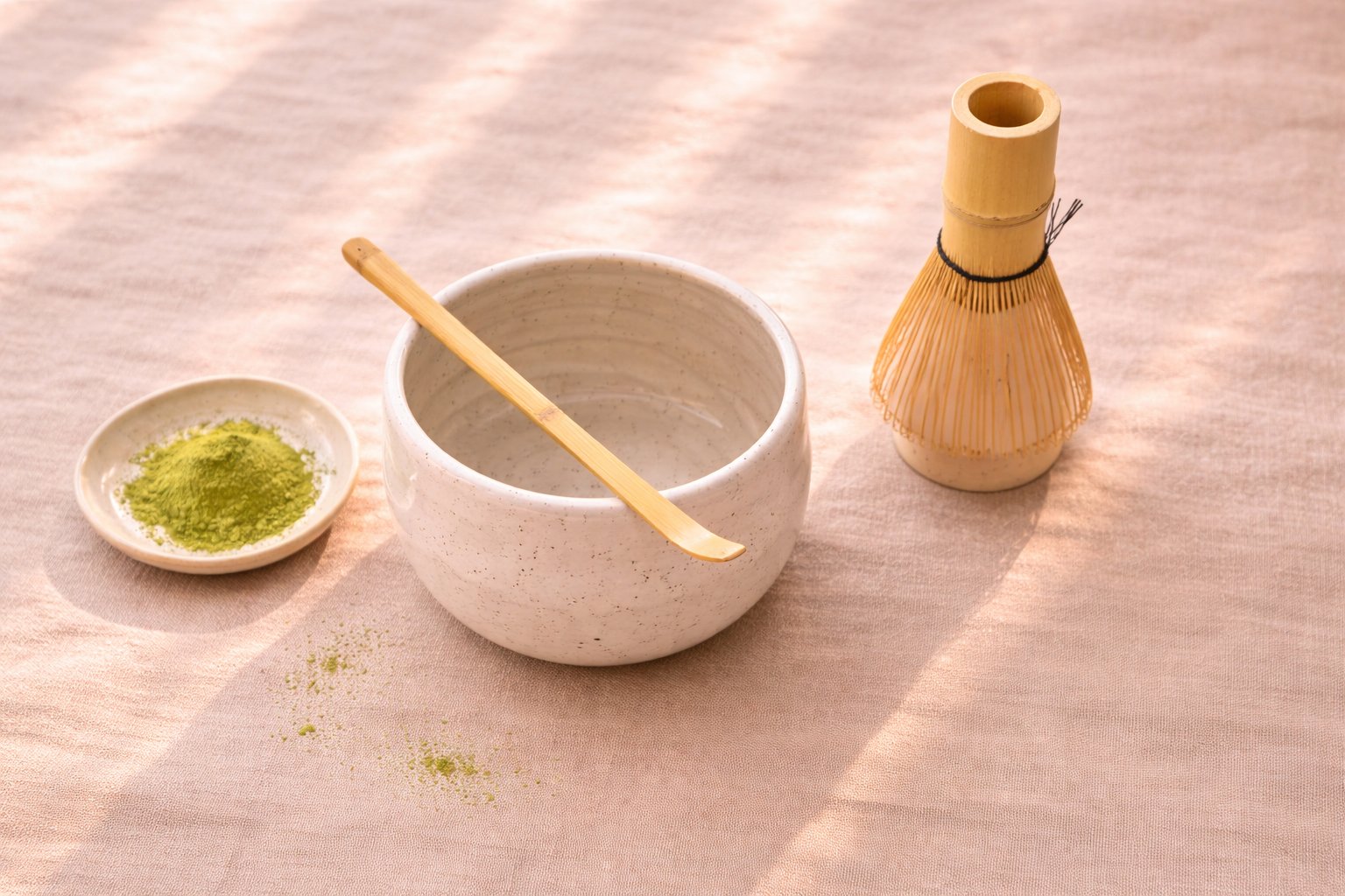 Matcha bereiden met bamboe chasen in keramische chawan tijdens rustig thuisritueel
