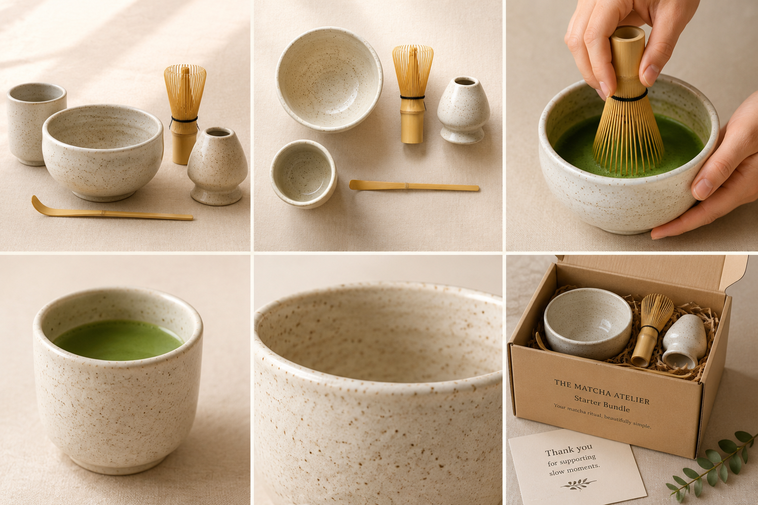 Starter Bundle matcha set — keramische chawan, bamboe chasen, kopje en verpakking